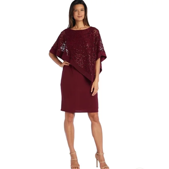 R&M RICHARDS Sequined Metallic Lace Capelet Dress in Merlot Asymmetric Poncho 8 - Picture 2 of 12
